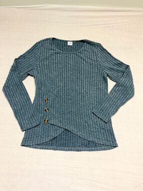 XIEERDUO Women's M Blue Rib Knit Faux Wrap Button Accent Top